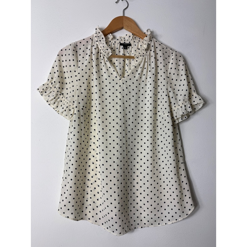 Talbots Petites Womens Petite Medium‎ Blouse Ivory Polka Dot Ruffle Preppy Top